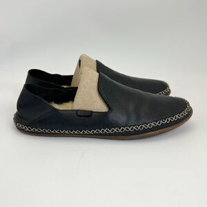 UGG Elodie Slippers Womens Sz 8 Black Leather Loafer Flats Stitch Trim 1020235